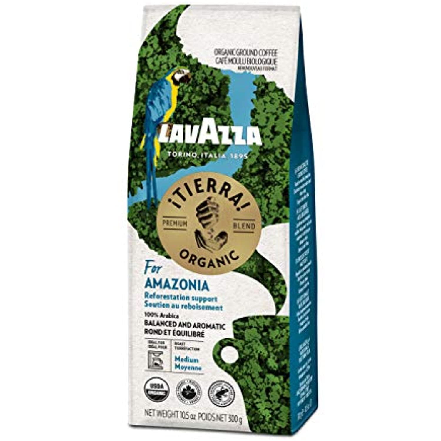Lavazza, ¡Tierra Organic ia Ground Coffee Medium Roast 10.5 Oz Bag, Floral Notes Authentic Italian, Value Pack, Blended And Roated In Italy, Balanced And Aromatic Fruity And Floral Notes
