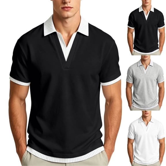 IhhxPro Men's V-Neck Collared Shirt Stretchable Contrast Stripe Tee Casual Golf Workout Athletic Slim Fit Breathable Short Sleeve M-3XL