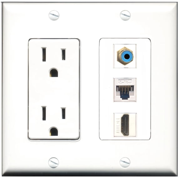 Ultra Spec Cables 15 Amp Power Outlet 1 Port HDMI 1 Port RCA Blue 1 Port Cat5e Wall Plate