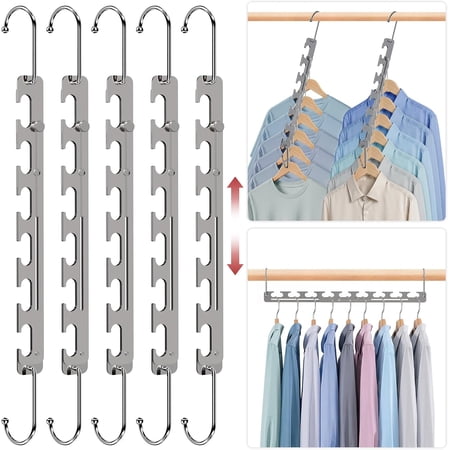 5 Pack Space Saving Hangers for Clothes, 6 to 9 Holes Expandable Heavy Duty Metal Hangers 80 Lbs Capacity, Magic Smart Hanger Closet Space Saver, Closet Organizers and Storage