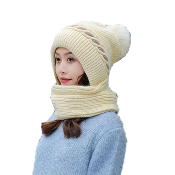 ZQUUVOU Women Hooded Scarf Integrated Elastic Soft Beanie Hat Ear Protection Windproof Scarf Winter Warm Knitted Hat Scarf Beige