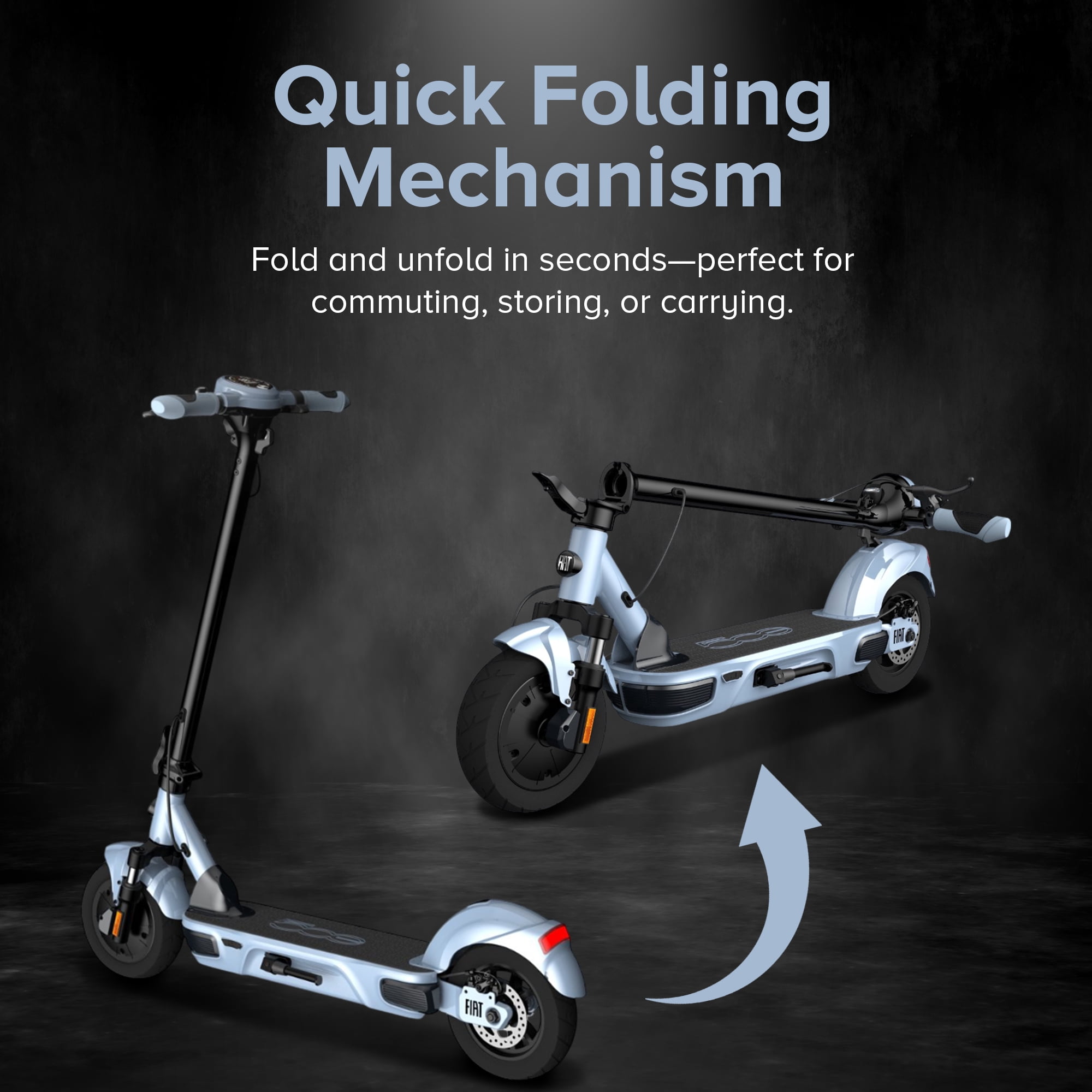 Fiat 500W Electric Scooter, Foldable Scooter for Adults with 10” Tubeless Tires, Blue