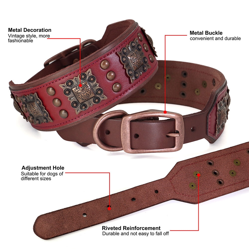Pet Artist 2 Inch Wide Dog Collars Retro Studded Real Leather Large Pet Collars Heavy Duty Rottweiler L XL XXL