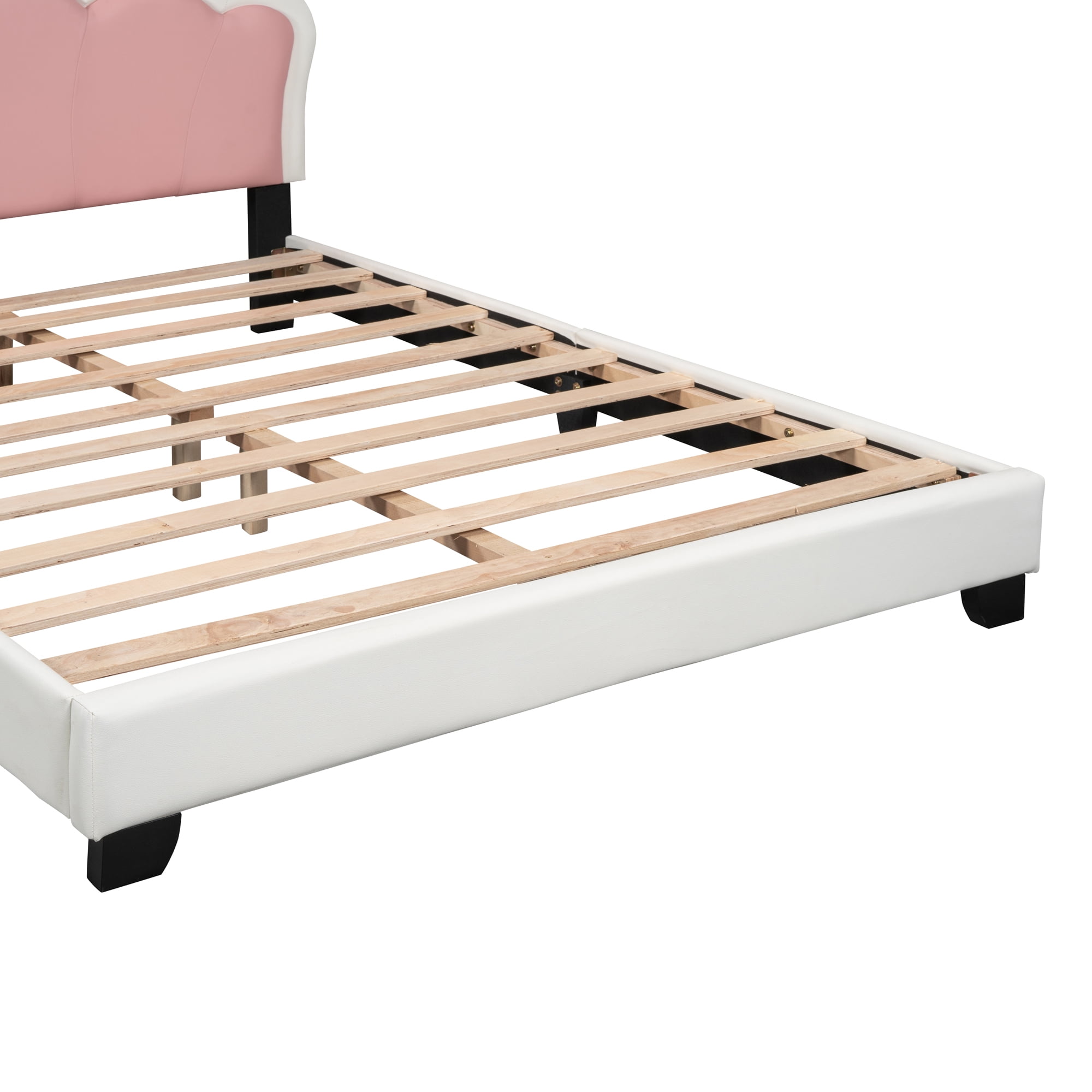 Aukfa Upholstered Platform Bed with Princess Crown Headboard, PU Full Size Bed Frame for Kids - Pink