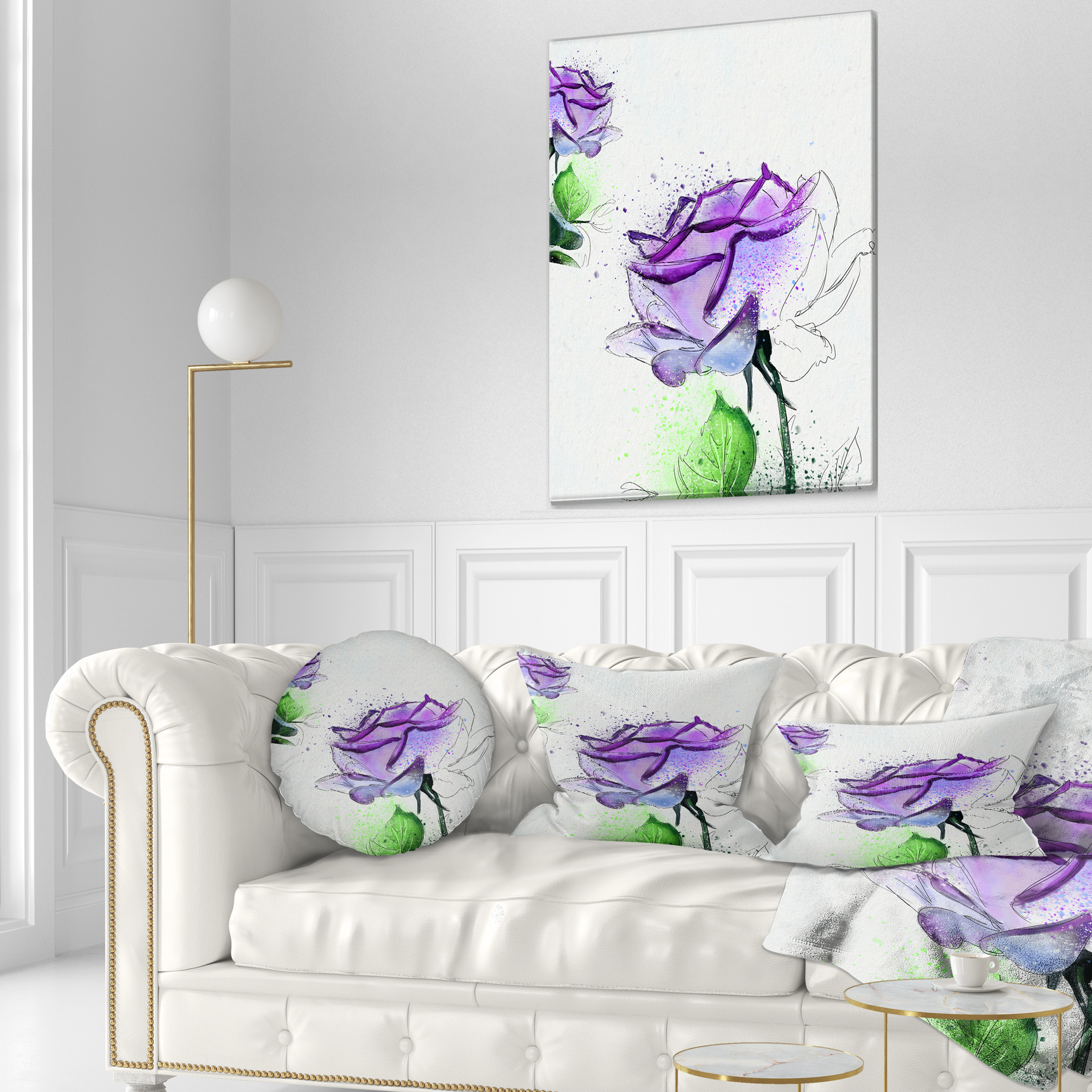 Designart Blue Rose Flowers with Green Leaves - Floral Throw Pillow - 12x20