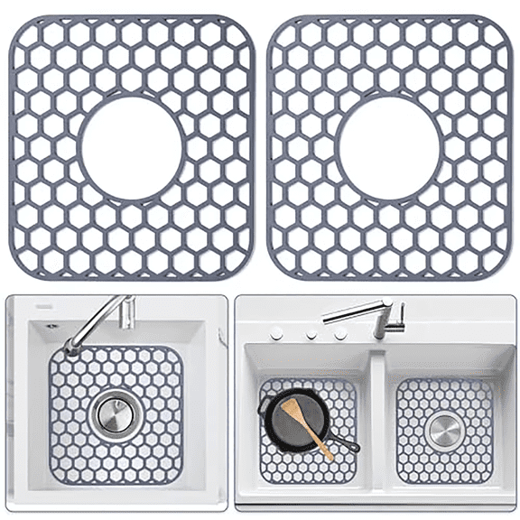 2 Pack Silicone Sink Protectors for Kitchen Sink with Center Drain - 12" X 11" Kitchen Accessory Non-Slip Heat-Resistant Mat for Bottom of Porcelain Stainless Steel Dishwasher Safe