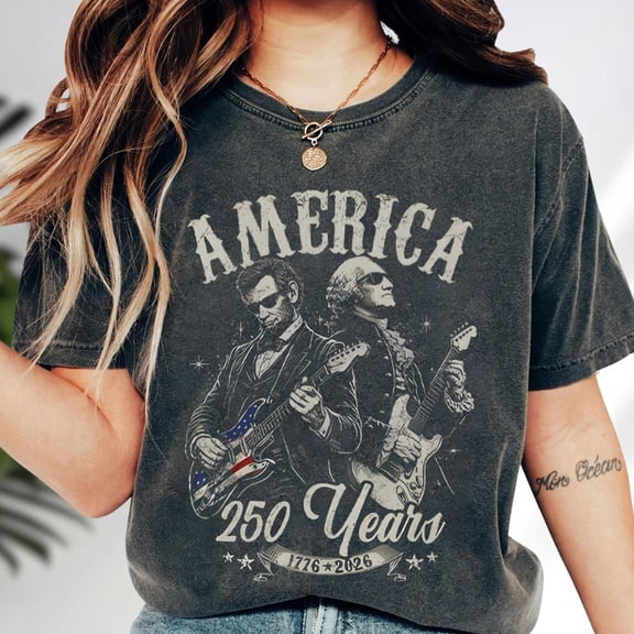 George Washington Lincoln Playing Guitar 250 Years Shirt, America 250th Years 1776-2026 Apparel, Patriotic Rock n Roll Tee