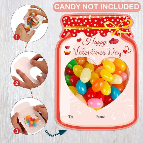 50 Set Valentines Day Cards Mason Jar Shape Happy Valentine's Day Gift Card DIY Crafts Art Cards for Kids (Candy Not Included)