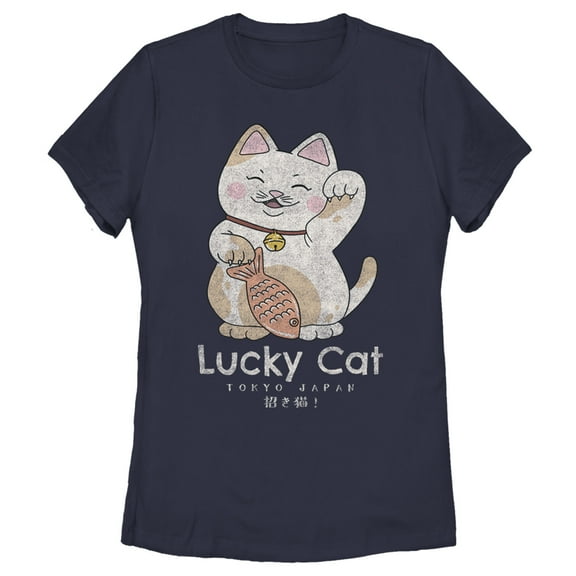 Women's Lost Gods Lucky Cat on Your Side Graphic Tee Navy Blue Large