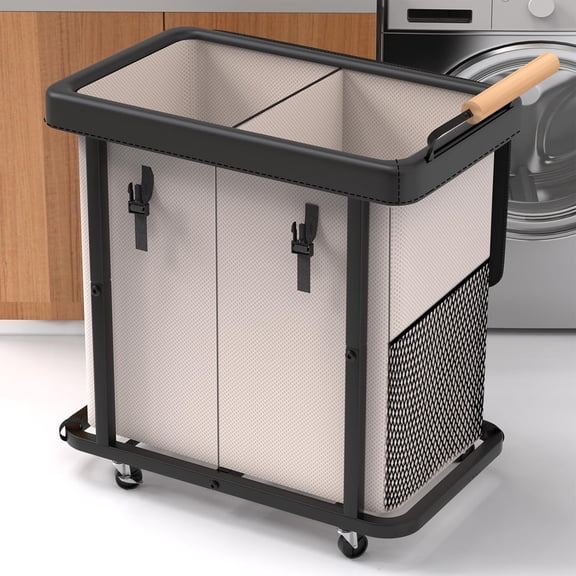 190L (50 Gal)  Fashion Laundry Hamper 2 Section with Lid, Rolling Laundry Basket Hamper with Handle, Laundry Organizer Storage Cart with Sturdy  Frame for Laundry Room, Hotel,White