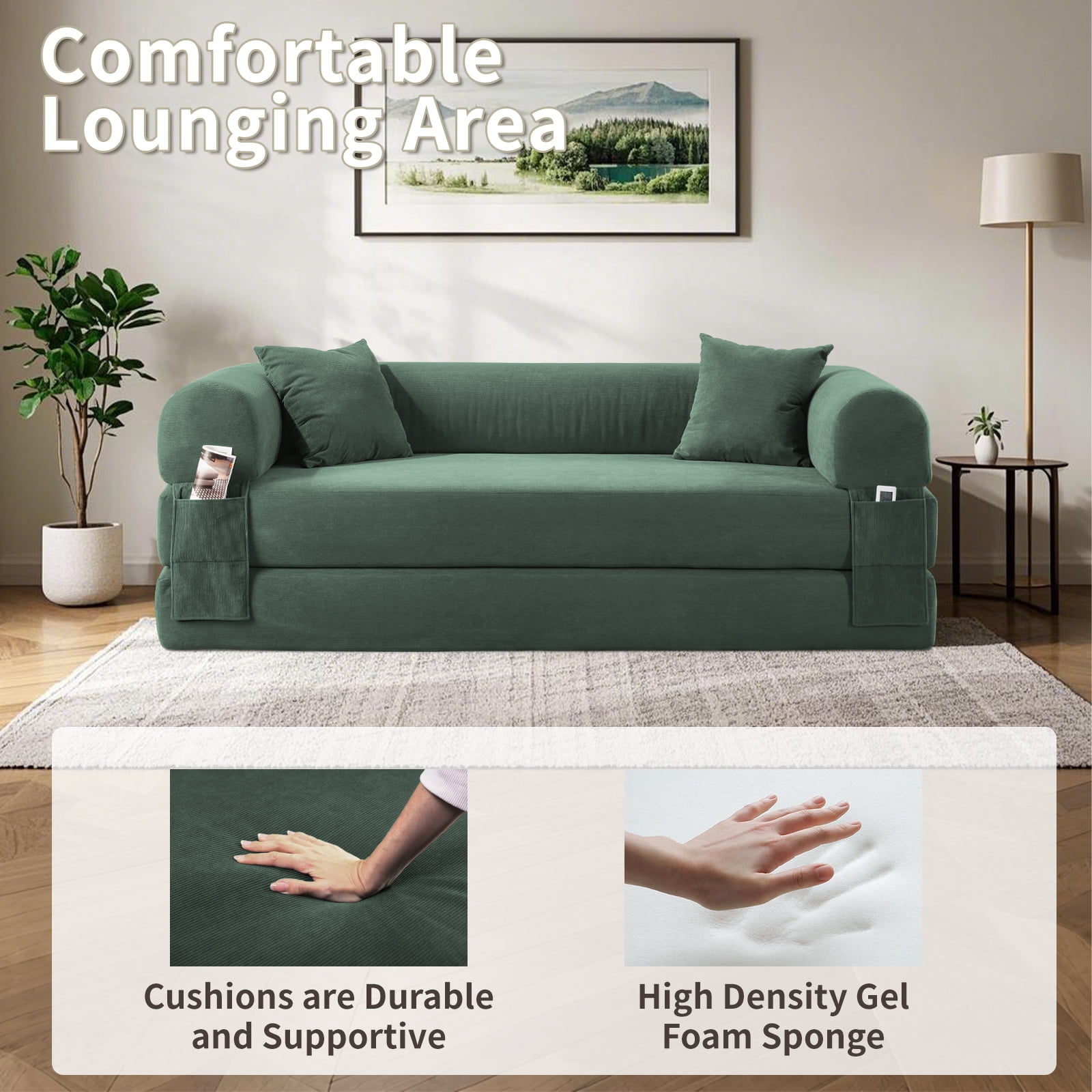3 in 1 Convertible Sofa Bed, 80" Corduroy Folding Pull Out Couch with 2 Pillows, Floor Sofa with Side Storage for Living Room, No Assembly Modern Boneless Couch Compression Sofa, 30"W