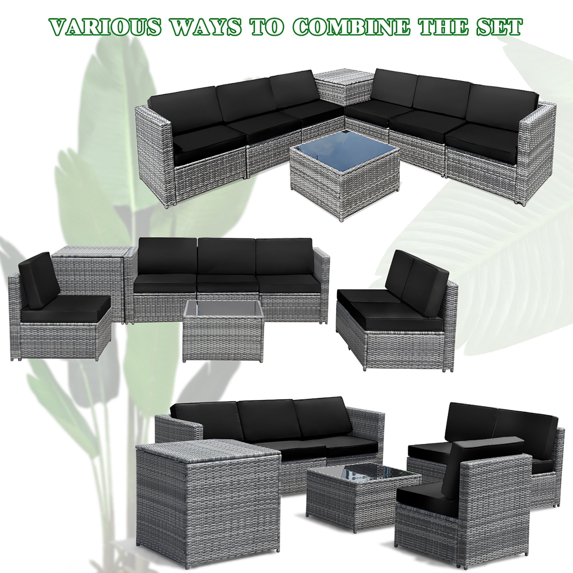 Costway 8 Pcs Wicker Rattan Sectional Patio Furniture Set with Storage Table, Black