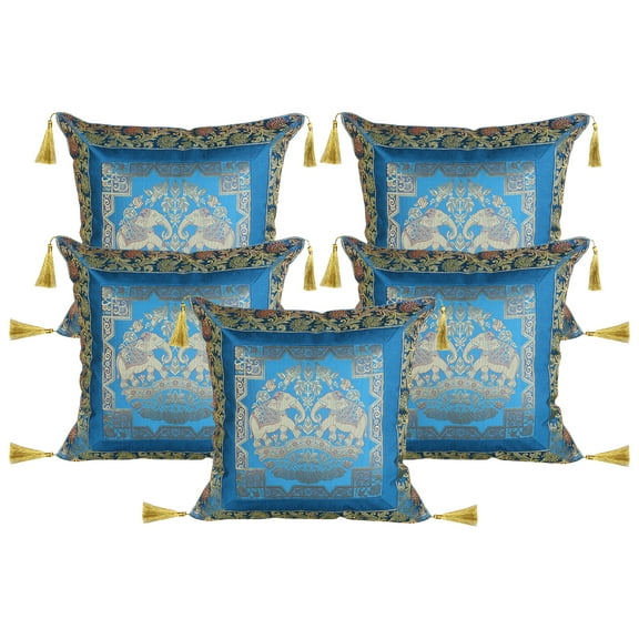 Stylo Culture Ethnic Brocade Home Decor Throw Pillow Covers Turquoise Gold 18 x 18 Jacquard Tassels Couch Cushion Covers 45x45 cm Polydupion Silk Zippered Elephant Pillowcases | Set Of 5
