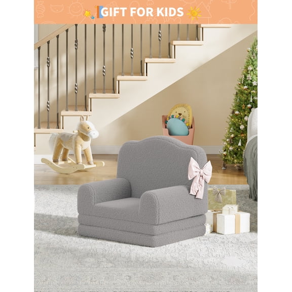 Kids Sofa Chair 2 in 1 Convertible Lounger Soft Sherpa Fleece Crown Design for Boys and Girls Large Size Playroom Bedroom Nursery Toddler Couch