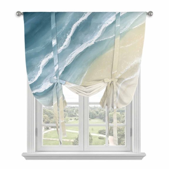 Haze Blue Beach Coastal Tie Up Curtains 45 Inches Long, Kitchen Window Curtains Over Sink, Summer Ocean Nautical Seaside Small Window Curtains Shade Balloon Curtains Valances for Bedroom/Cafe 34"x45"