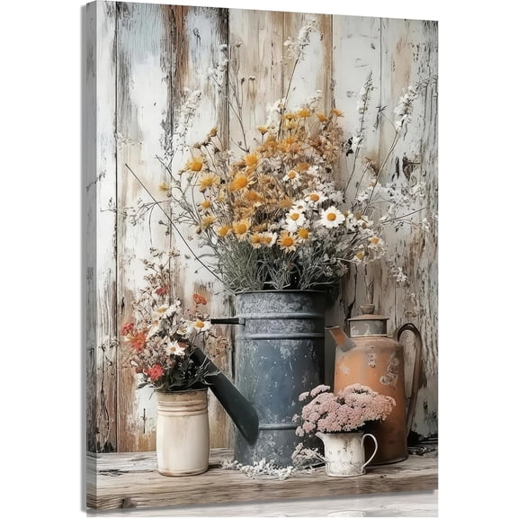 Rustic Farmhouse Daisy Floral Canvas Wall Art, Vintage Neutral Country Flower Painting Botanical Picture, Framed & Ready to Hang Decor for Bathroom Living Room Bedroom