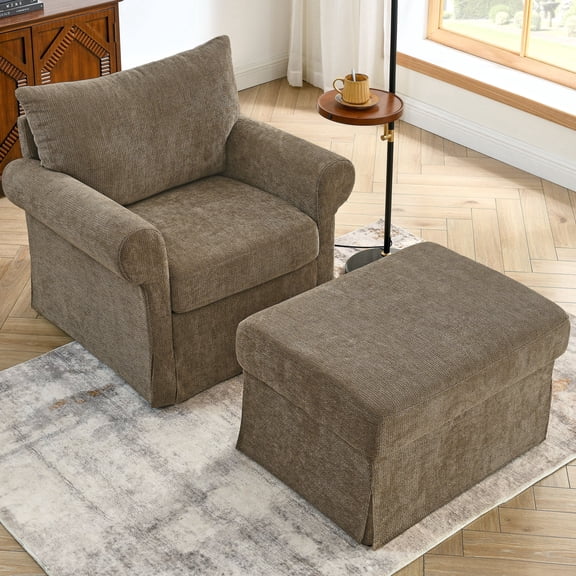 JUFU 37.5" Chenille Accent Chair with Storage Ottoman, Plush Upholstered Single Armchair Set with Skirted Base, Ergonomic Lounge Sofa for Living Room Bedroom Small Apartment