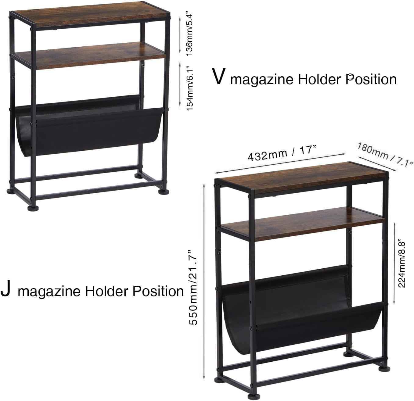 ZEXVIDA Narrow End Table for Small Spaces - Slim Side Table with Magazine Holder,2 in 1 Design Narrow End Table Living Room,Skinny Bedroom Nightstand Thin Side Magazine Table,Rustic Brown
