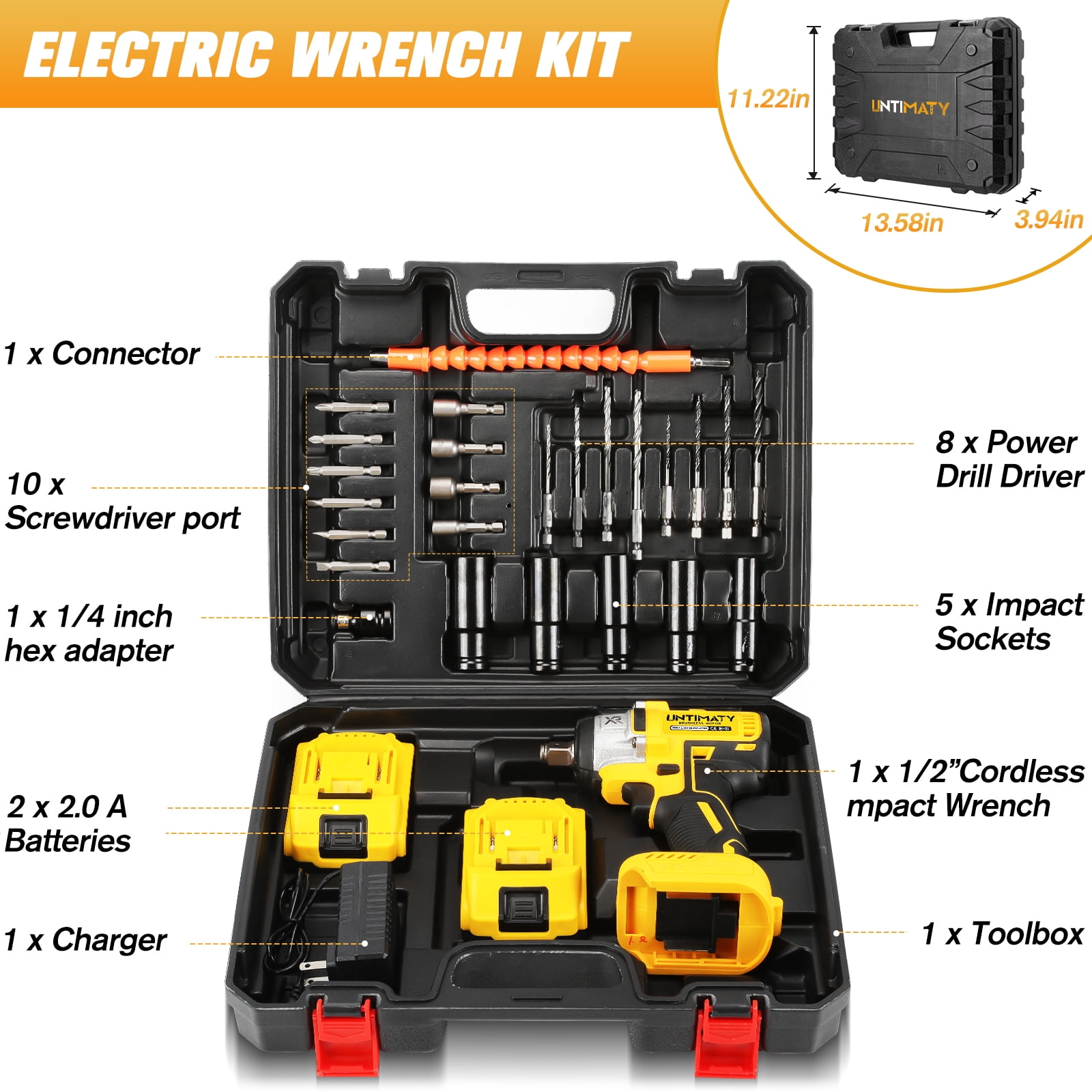 UNTIMATY Power Cordless Impact Wrench 1/2", 20V Impact Brushless Motor with 2 x 3.0A Batteries, 2-Mode Speed & Max Torque 280 ft lbs (380N.m), Impact Drill Tool Set with 5 Sockets,8 Drill,8 Screws