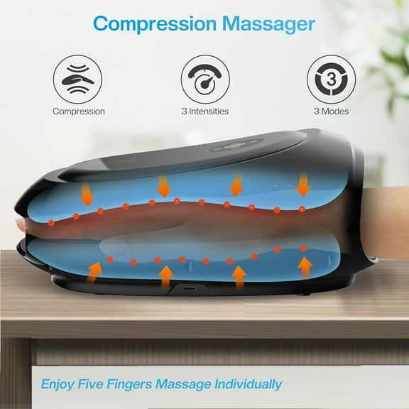 Hand Massager with Heat and Compression, Cordless Hand Massager for Arthritis and Carpal Tunnel, Wrist, Finger Massage, Gifts for Mom, Dads, Women and Men (Black)