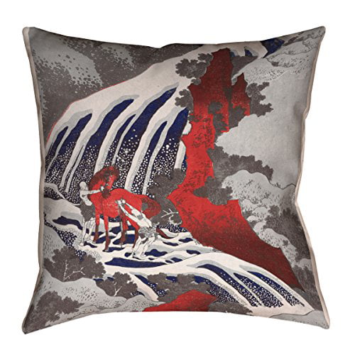 ArtVerse HOK059O1616P Horse & Waterfall in Gray & Red Pillows & Cushions 16 x 16