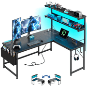 Romorgniz L Shaped Computer Desk with LED Lights & Power Outlet, Reversible 43.3"W Gaming Desk with Storage Shelf, Side Bag, Hooks for Home Office, Black