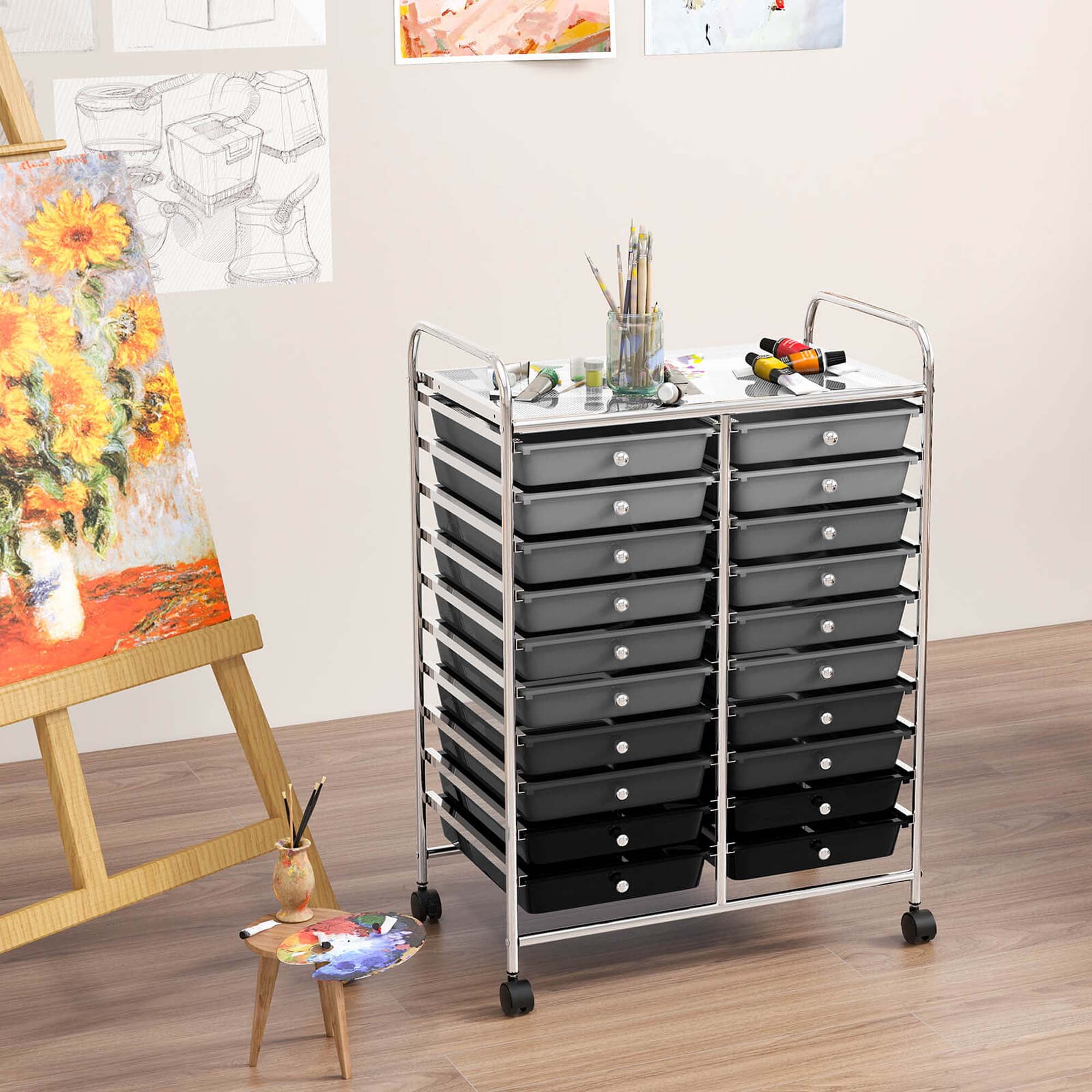 Costway 20 Drawers Rolling Storage Cart Art Craft Organizer on Wheels Multipurpose Grey