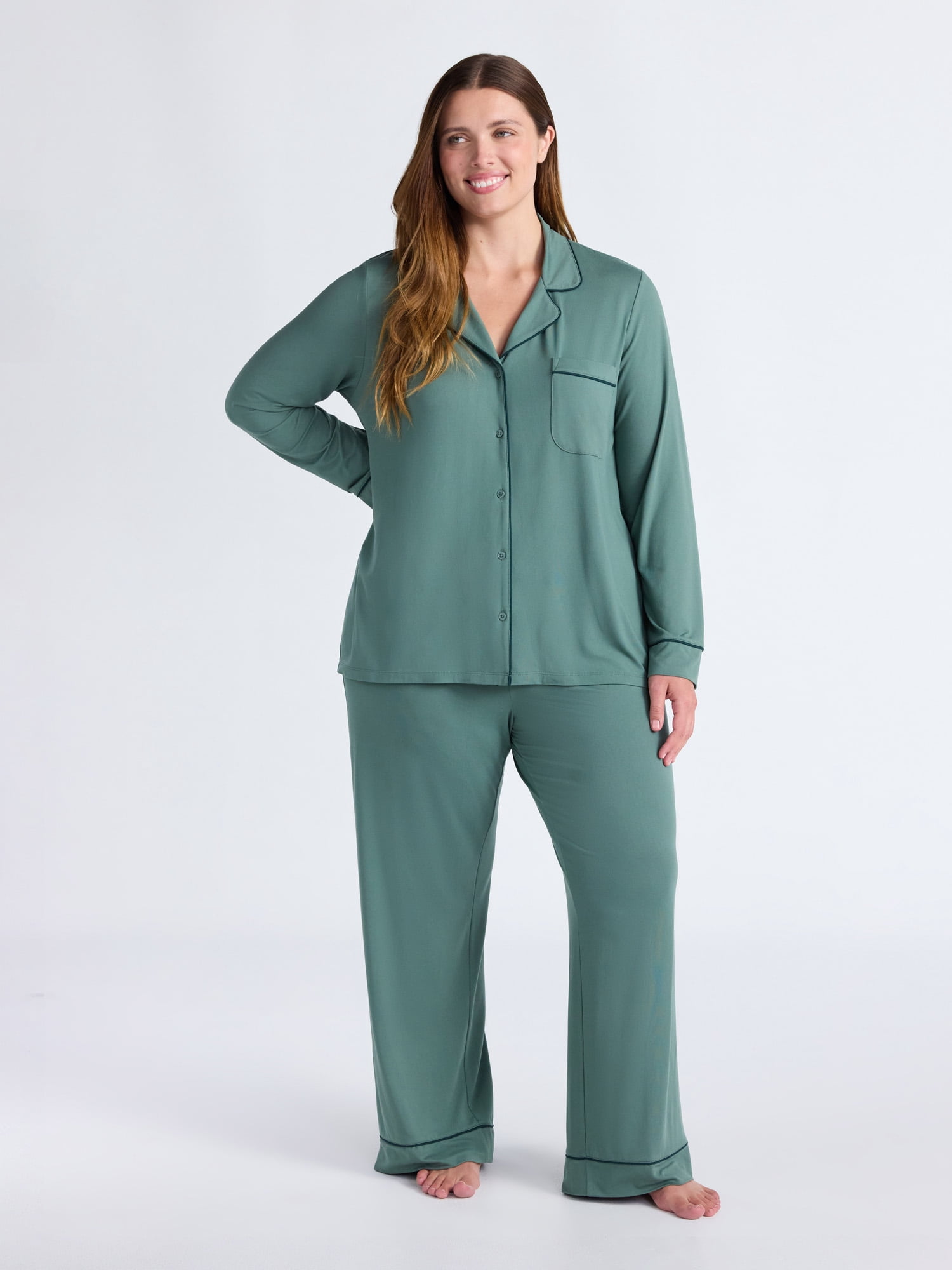 Joyspun Women’s Dreamy Soft Collection Long Sleeve Top and Pants Pajama Set, Sizes XS-4X