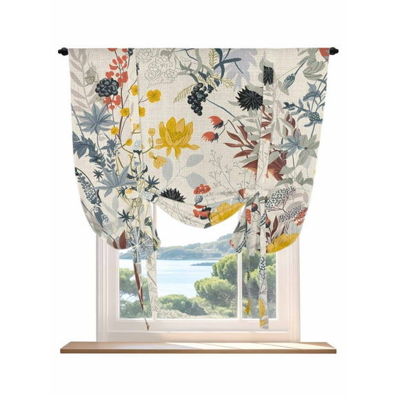 Farmhouse Flowers Tie Up Curtains for Windows 63 Inch Length Balloon Curtains Kitchen Adjustable Balloon Window Shade Vintage Pastoral Botanical Floral Tie Up Valance Bathroom Curtain Window 52"x63"