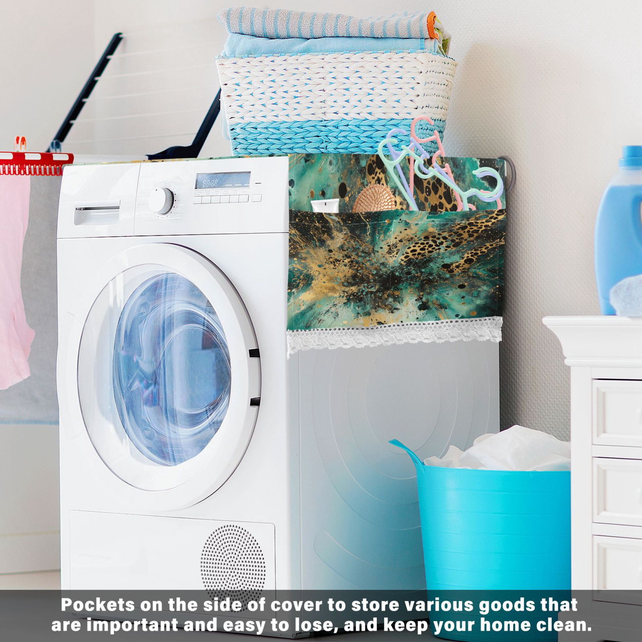 Washing Machine Cover 51.2x22in, Durable Polyester Dust Cover with Lace Trim and Side Pocket for Appliances Artistic Leopard