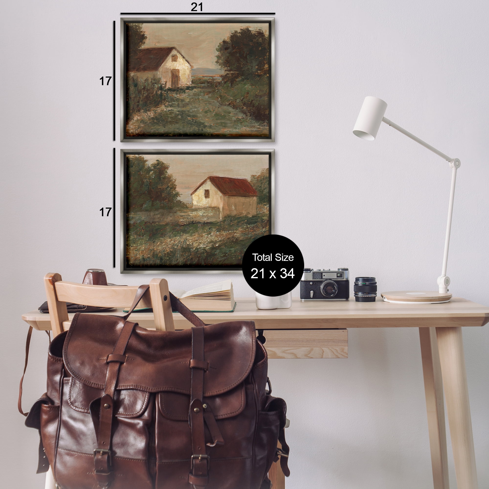 Stupell Industries Traditional Country Farmland Landscape & Nature Painting Gray Floater Framed Canvas Art Print Wall Art, 21 x 17, Set of 2