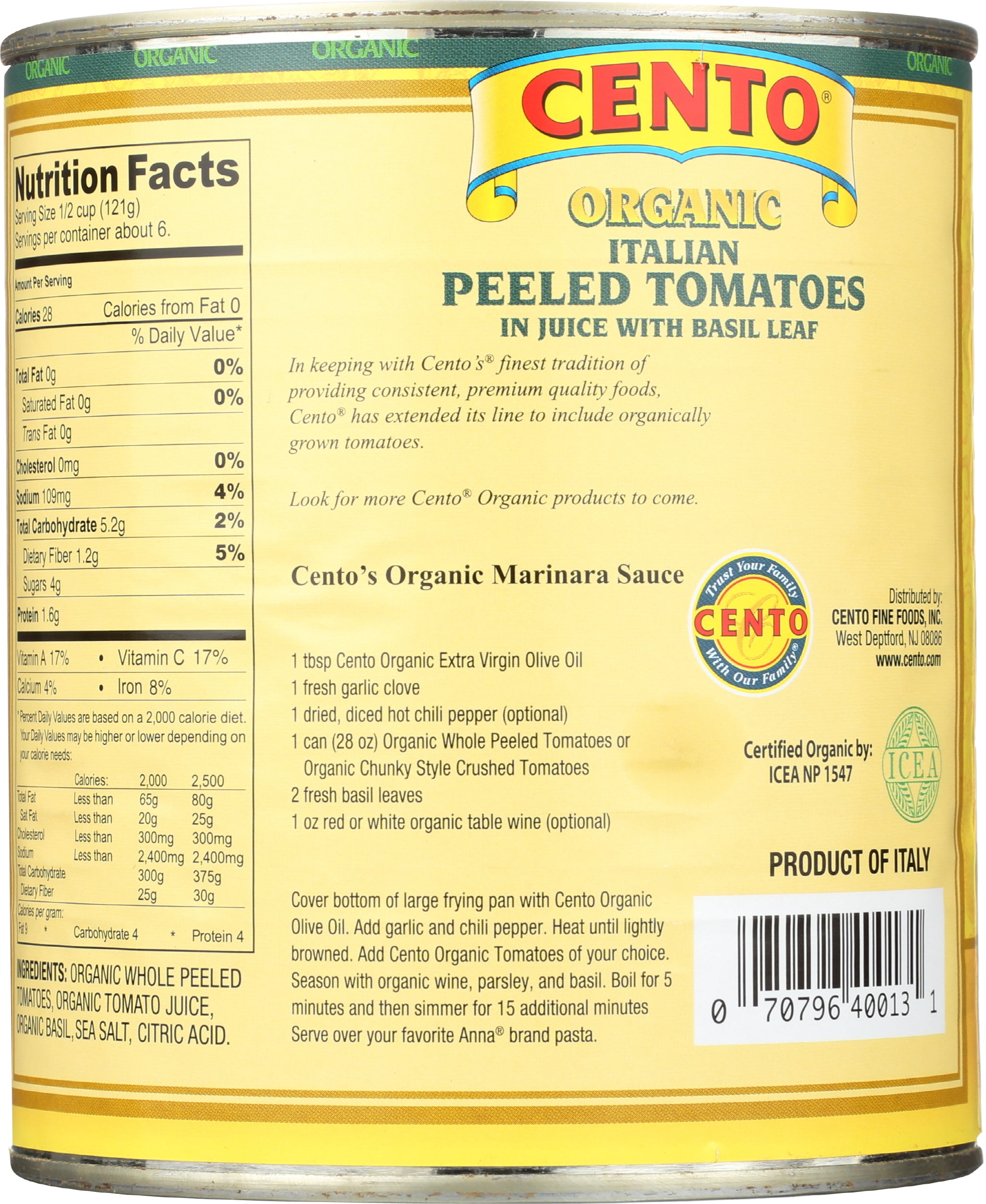 Pack of 6, Cento Organic Italian Whole Peeled Tomatoes, 28 oz