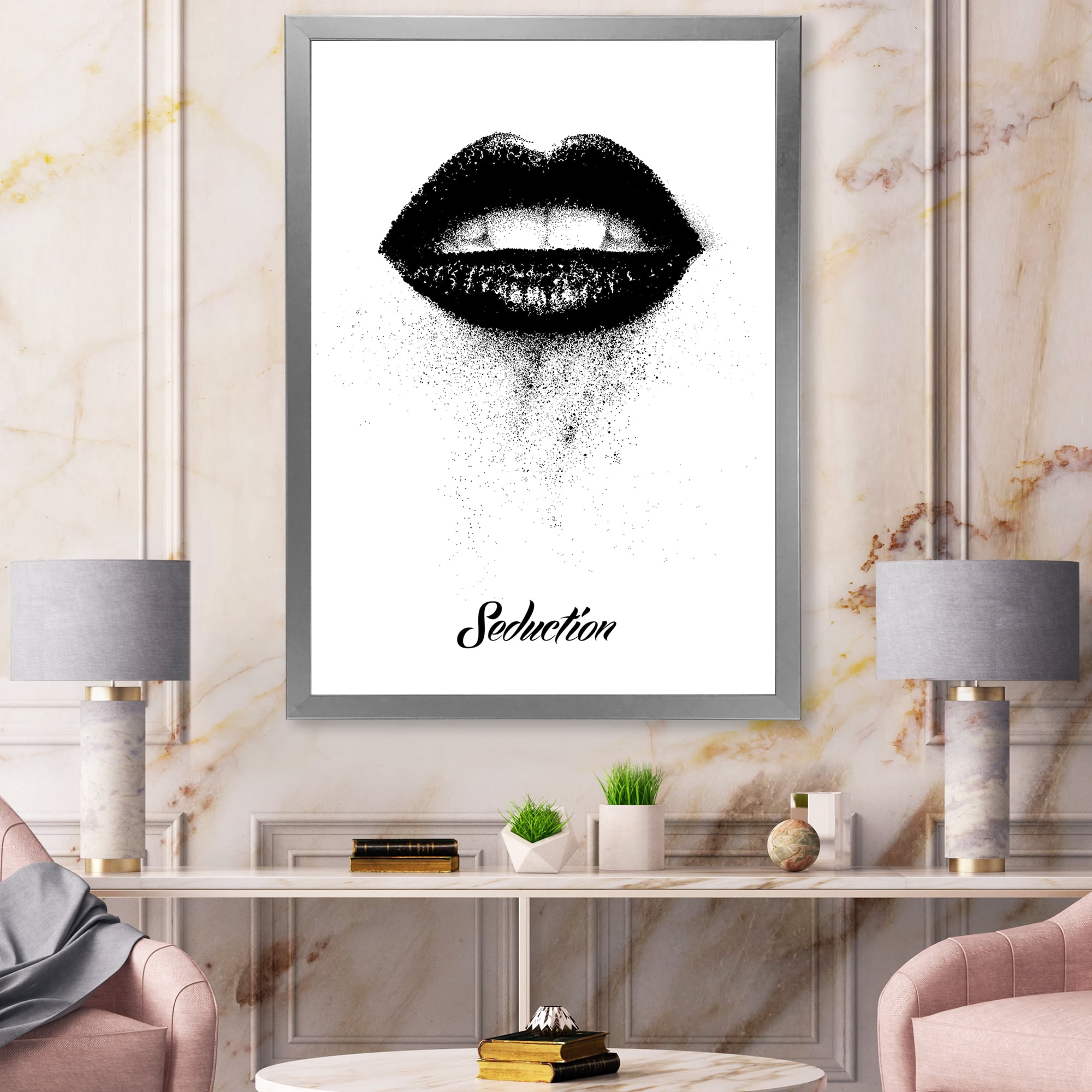 Designart 'Monochrome Black Female Lips' Modern Framed Art Print