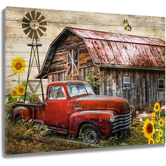 Rustic Farmhouse Canvas Wall Art Old Car and Cattle with Barn Framed Canvas Art Farm Cow and Sunflowers Canvas Wall Art Decor for Living Room Brown Bedroom Bathroom Decor, 16 x 12 inch