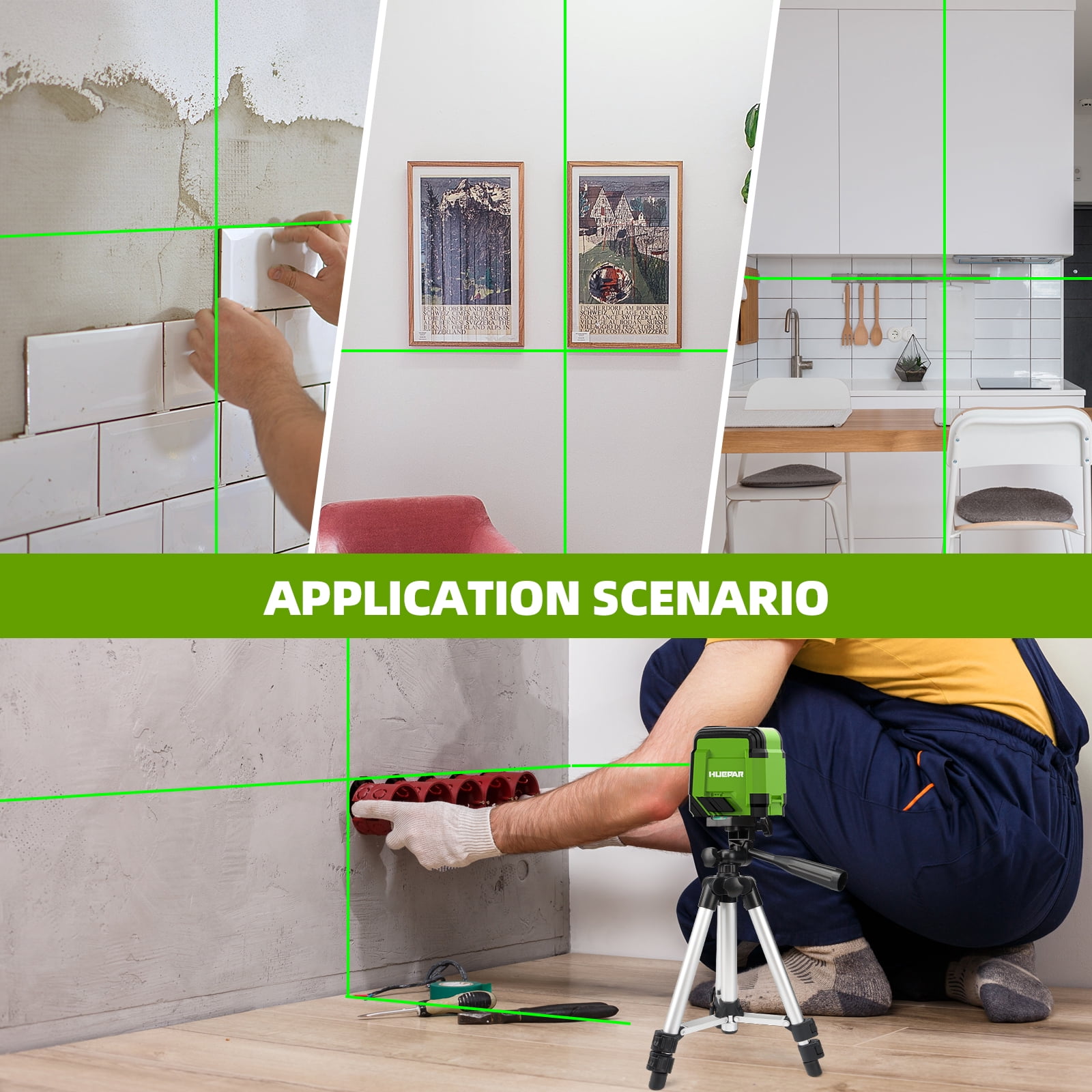 Huepar Green Self-leveling Laser Level with Tirpod, Cross Line Laser Levels for DIY Home Picture Hanging with AA Batteries and Carry Bag