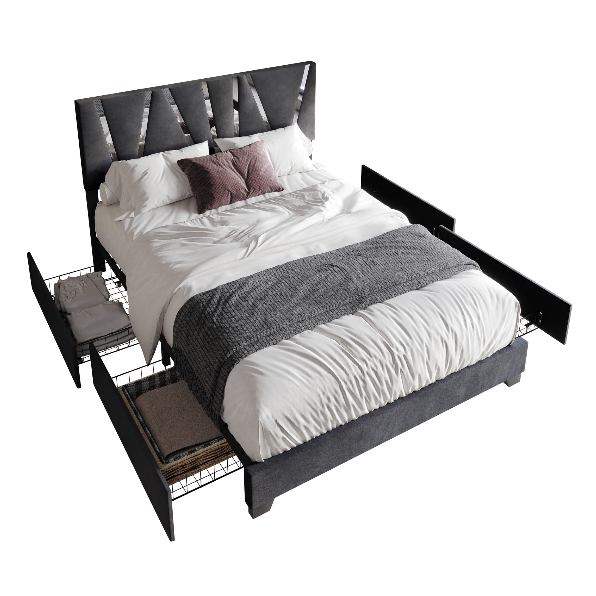 Home Design Hanover Queen Upholstered Storage Platform Bed Frame with Silver Acrylic Strip Headboard and Four Under-Drawers, Dark Gray, Easy Assembly