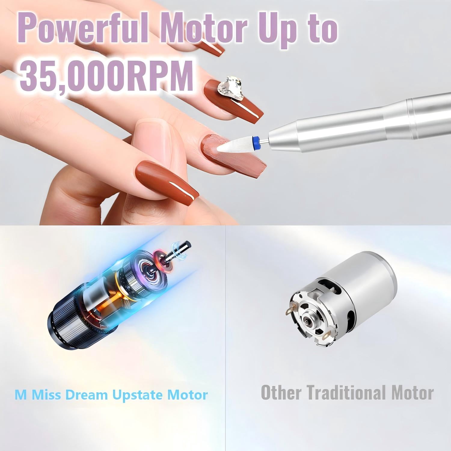 Cordless Electric Nail Drill, 35,000 RPM Rechargeable Nail Drill Machine with 12 Nail Drill Bits, Portable Electric Nail File with LCD Display for Acrylic and Gel Nails, Manicure & Pedicure, Silver