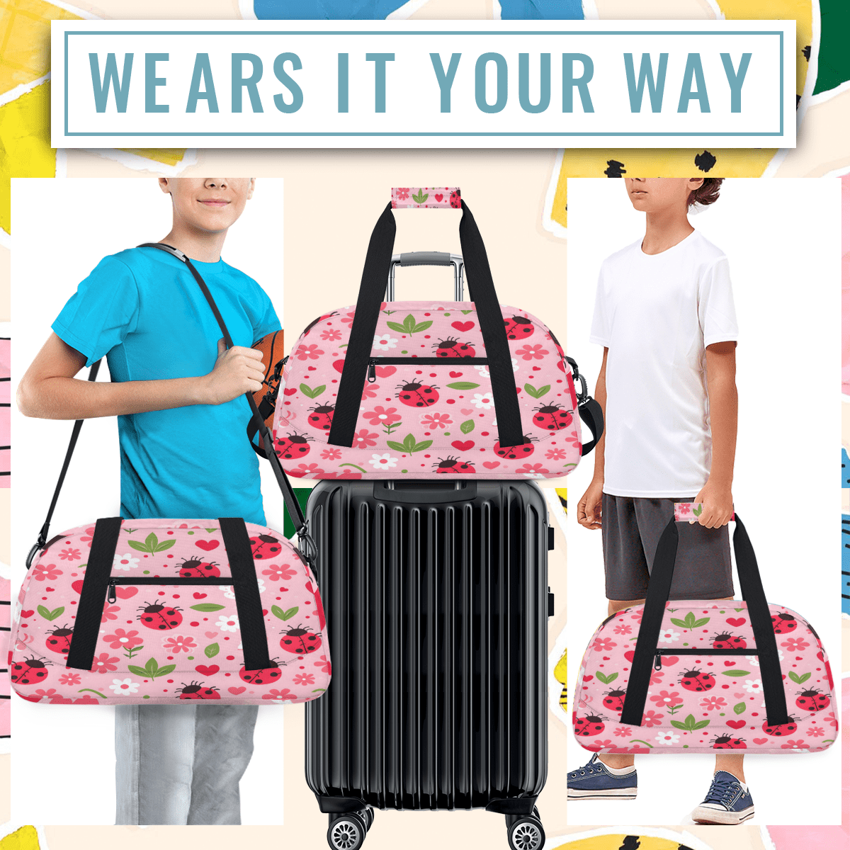 Herdesigns Sports Duffle Bags Travel Duffle Bag Gym Bag Floral Ladybugs Weekender Travel Bag Waterproof Overnight Bag Carry On Travel Tote Bag Dance Bags