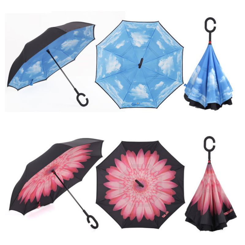 C-Handle Folding Parasols Rain Windproof Umbrella Dual Layer Inverted Reverse AS