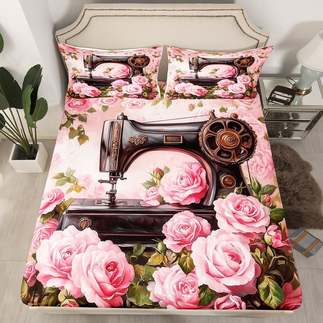 Drap-housse Machine à Coudre 3D, Rose Feuilles Vertes Décor Ensembles de Literie pour Enfants Filles Femmes, Jardin Rêveur Fleurs Couverture de Lit Rétro Romantique avec 1 Taie d'Oreiller (Sans Drap Plat), Taille Simple 2 Pcs