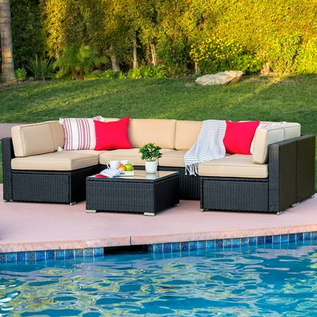 Cheap Outdoor Sectional Patio Furniture Best Choice Products 7-Piece Modular Outdoor Patio Furniture Set, Wicker Sectional Conversation Sofa w/ 6 Chairs, Coffee Table, Weather-Resistant Cover, Seat Clips, Minimal Assembly Required - Black ()
