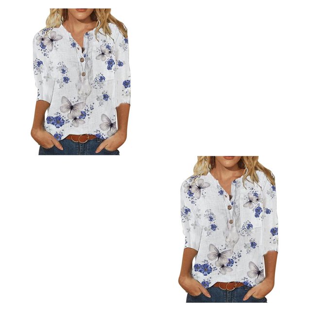 sweethay Blusa informal de manga corta para mujer, camisa holgada con botones estampados, para trabajo, viajes, elegante, Top de verano, ropa Type23 NO23