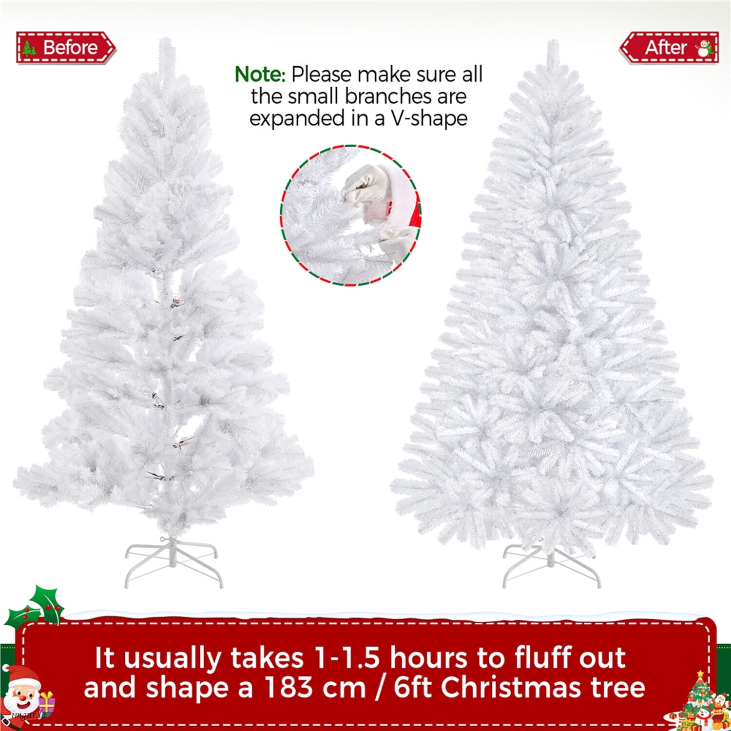 Alden Design 6FT Pre-lit Artificial Hinged Christmas Fir Tree with Stand and 300 LED Warm Lights,White