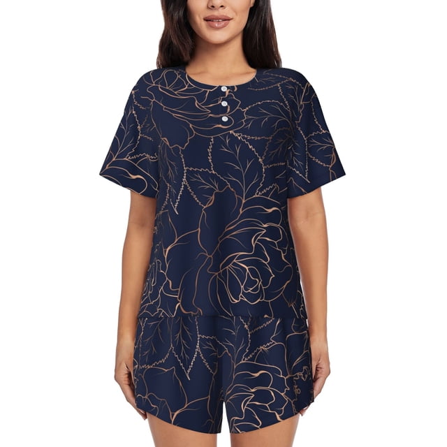 Balery Navy Dark Blue Conjunto de Pijama para Mujer con Estampado, Dos Piezas de Manga Corta y Shorts, Ropa de Dormir Suave con Cuello Redondo y Bolsillos-3X-Large