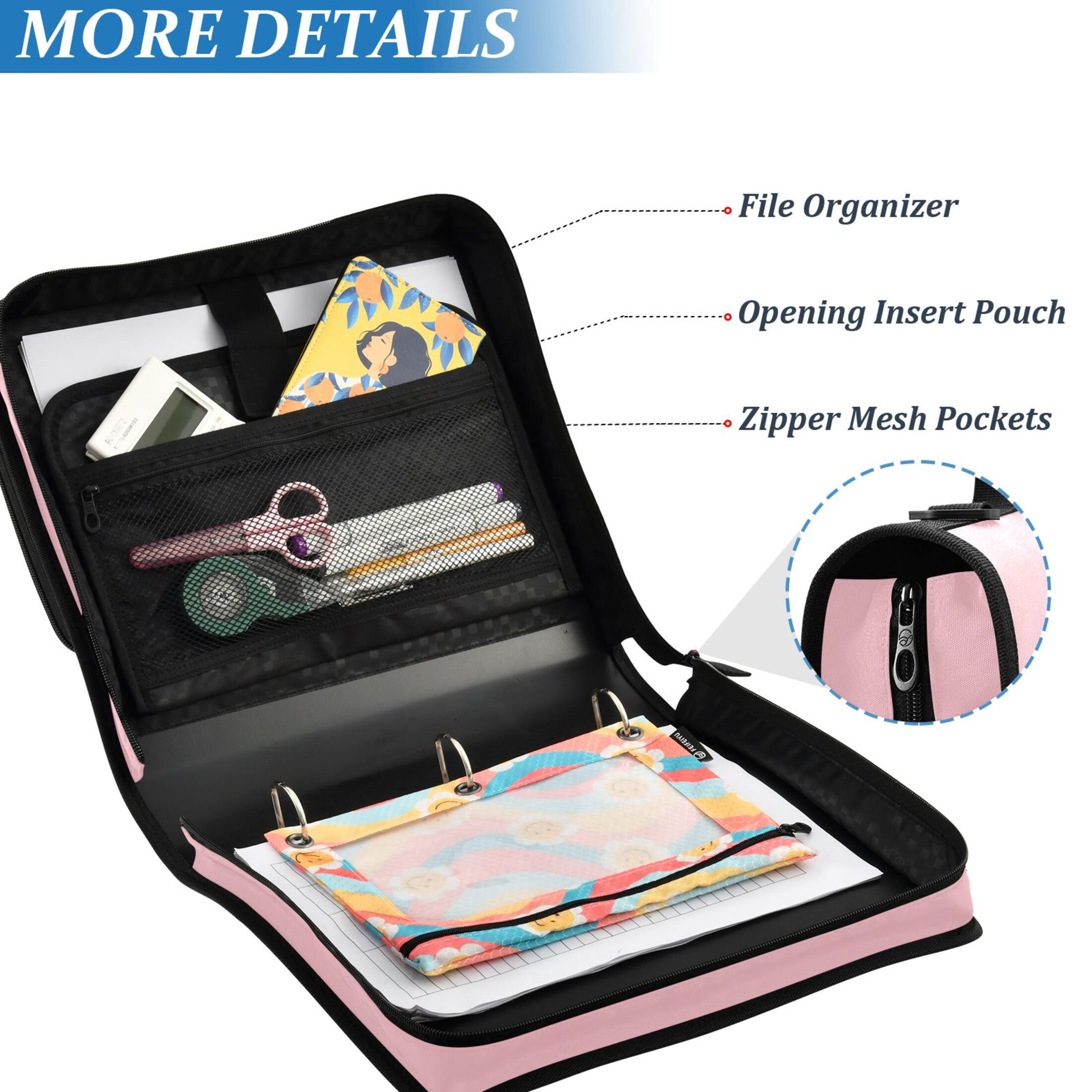 ALAZA Zipper Binder Solid Pink 3 Ring Trapper Keeper File Folder Organizer Bag