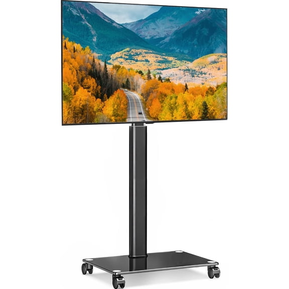 FITUEYES Rolling TV Stand for 32–65 Inch TVs, Black, Swivel Mount, Tempered Glass Base