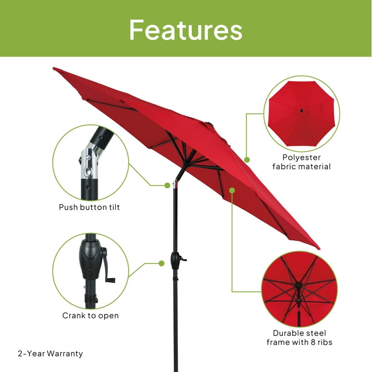 9 ft steel crank and tilt patio umbrella in ruby Mainstays Outdoor 9' Red Round Market Patio Umbrella, Crank Lift, 3-Angle Tilt