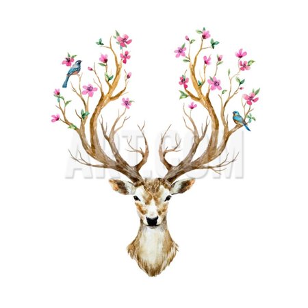 Antler Art - Watercolor Illustration Isolated Deer, Big Antlers, Flowers and Birds on the Horns, Branches Cherry Print Wall Art By Anastasia Zenina-Lembrik