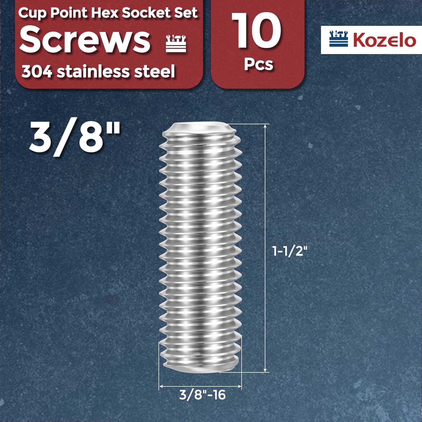 Uxcell 10pcs Cup Point Hex Socket Set Screws - [3/8"-16x1-1/2"] 18-8 Stainless Steel Headless Allen Head Grub Set Screw with Hex Key Wrench for Door Handle, Bathroom Fixture & Towel Rack