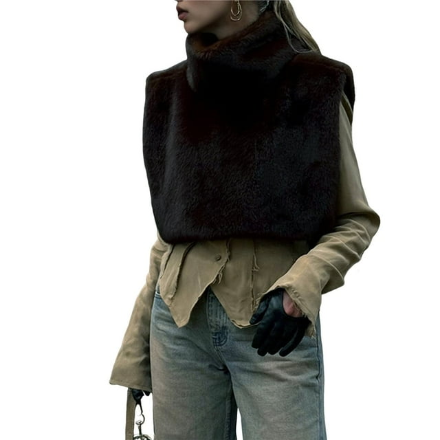 Chaleco de Piel Sintética para Mujer, Sin Mangas, Chaqueta de Forro de Invierno, Chaleco de Cuello Alto Marrón S